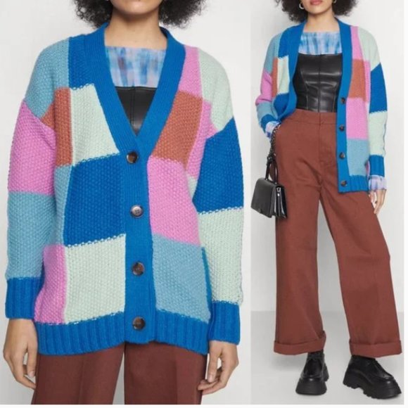 Cotton On Splice Colorful Square Patchwork V Neck Oversize Chunky Knit Cardigan - Picture 1 of 8